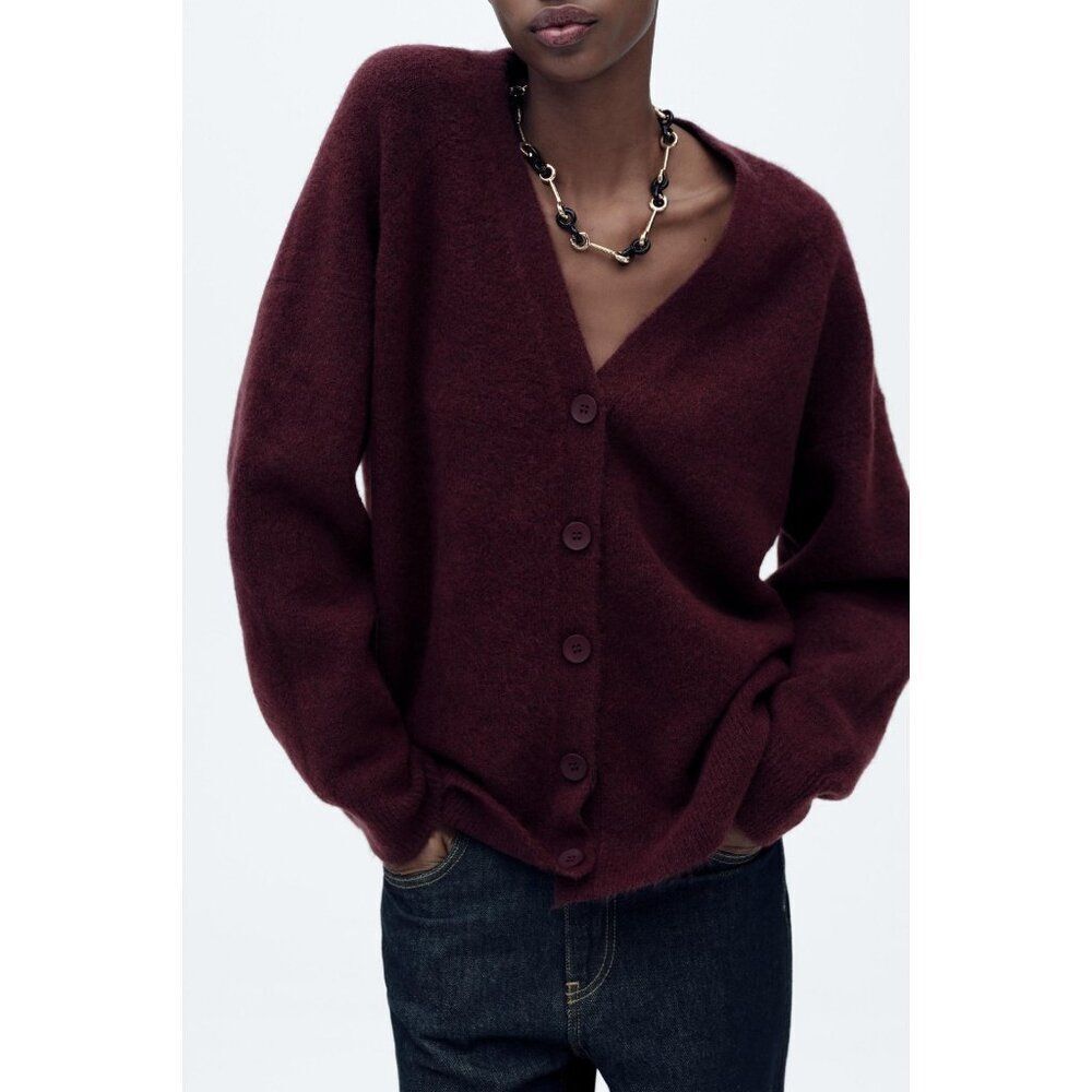 Zara Womens Cardigan Sweater Red Maroon XS Wool Button Top 5536/209 NWT